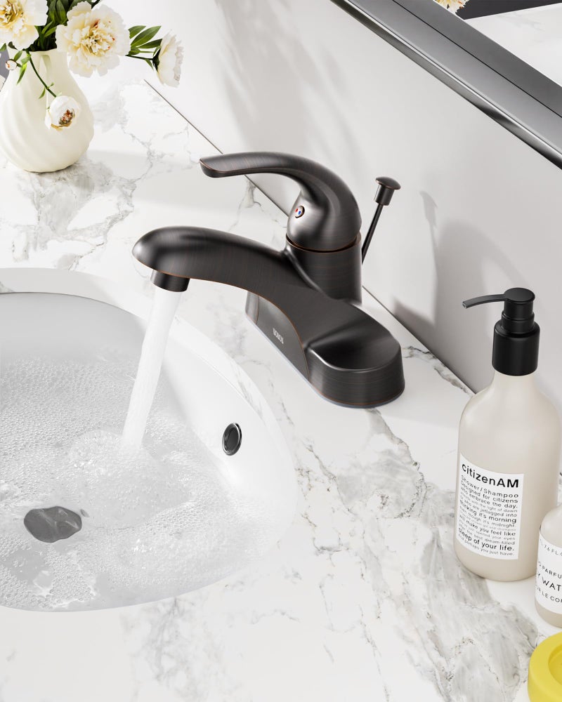WOWOW Single Handle Commercial Bathroom Faucet Oiled Rubbed Bronze 4 inch Centerset Bathroom Basin Sink Faucets One Handle Vanity Faucets Basin Mixer Tap with Lift Rod Drain Assembly - Image 2